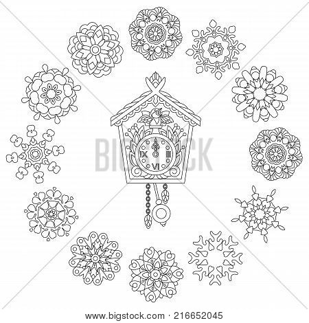 Christmas coloring page. Old antique wall clock with cuckoo bird singing and vintage winter snowflakes. Freehand sketch drawing for 2018 Happy New Year greeting card or adult antistress coloring book.