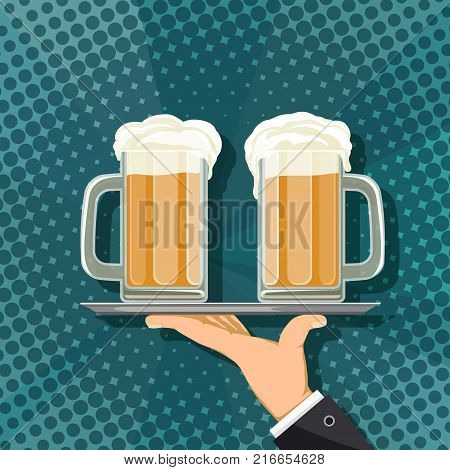 Waiter carries mugs with beer on a tray. Stock vector cartoon illustration.