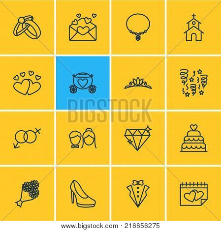 Vector Illustration Of 16 Wedding Outline Icons. Editable Set Of Jewelry, Accessories, Couple And Other Elements.