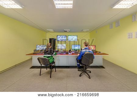 GRODNO BELARUS - OCTOBER 16 2017: Point of production management of modern waste recycling processing plant. Separate garbage collection.