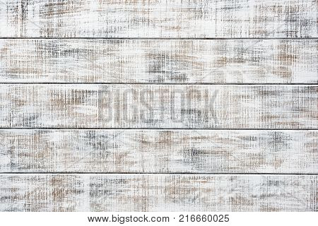 Old white wooden table. Vintage wooden planks. Horizontal and copy space for text
