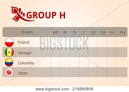 Football world championship 2018 group stage of the championship group H table of results vector template. The background is made in Russian style. Balalaika kokoshnik supporters round flags