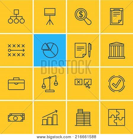 Vector Illustration Of 16 Management Outline Icons. Editable Set Of Magnifier, Recision, Agreement And Other Elements.
