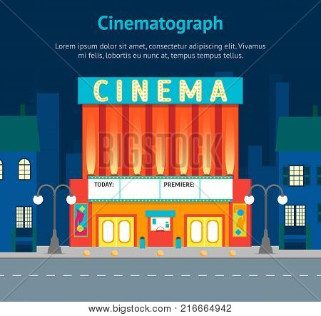 Cartoon Building Cinema on a City Landscape Background Card Poster Urban Architecture Exterior Facade. Vector illustration