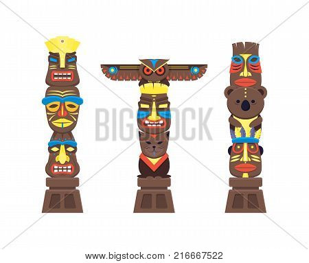 Cartoon Traditional Religious Totem Color Columns Set Flat Style Design Element Native Culture Tribal Symbol. Vector illustration