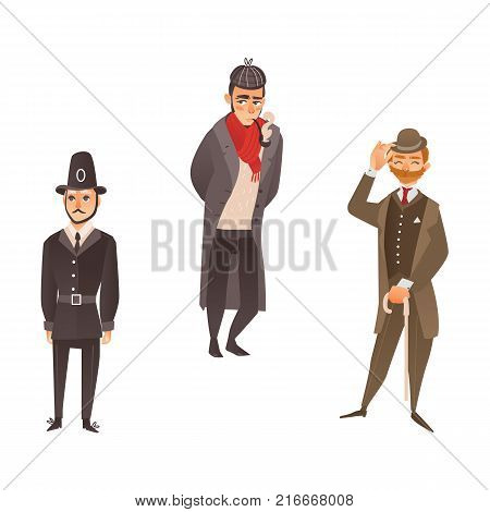 vector cartoon people in United kingdom national costumes set. English victorian gentleman in suit, hat holding cane umbrella, detective smoking pipe and english policeman. Isolated illustration