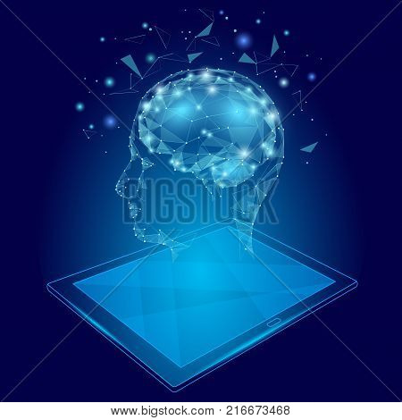 Low poly abstract brain tablet pc virtual reality concept. Geometric polygonal hologram linear mind imagination innovation modern vector illustration active education online extra mental intelligence