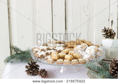 Festive Cookies Assorted Vanilla Crescents, Cinnamon Stars, Gingerbreads And Cubes And Stollen On A