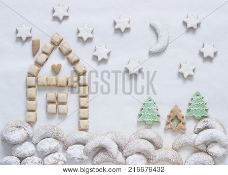 Festive Cookies Assorted Vanilla Crescents, Cinnamon Stars, Gingerbreads And Cubes And Stollen On A
