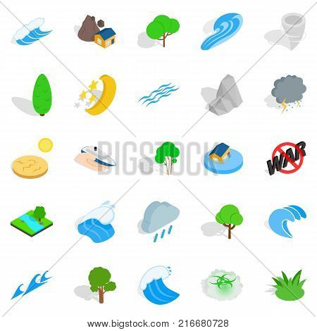 Disaster icons set. Isometric set of 25 disaster vector icons for web isolated on white background