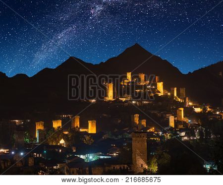The view of night Mestia under the starry sky. Caucasus Georgia Svaneti region.