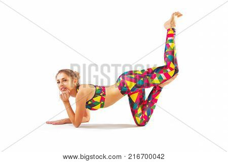 Beautiful Flexible Woman Doing Yoga Poses On White