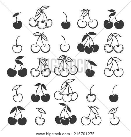 Cherry icons. Ripe fresh cherries vector illustration, cerise fruits silhouettes isolated on white background