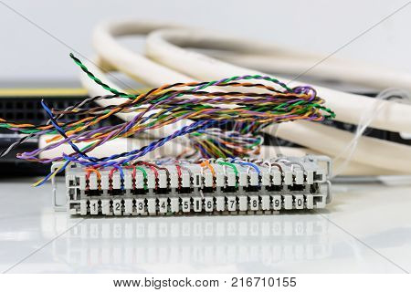 Telephone cabling patch panel with twisted pairs cables for digital and analog phone connection