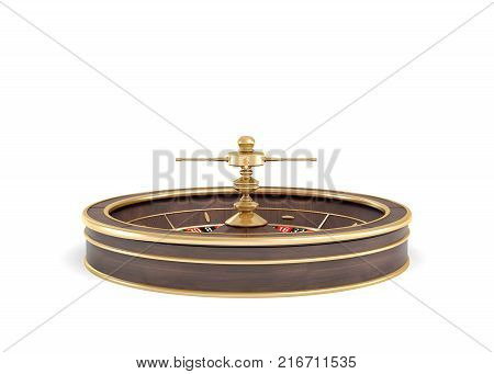 3d rendering of an isolated wooden casino roulette with golden decorations on white background. Casino games. Winning chance. Black or red betting.