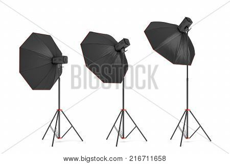 3d rendering of three large light with octoboxes stands turned down in several angles. Professional photo equipment. Light adjustment. Setting up octabox.