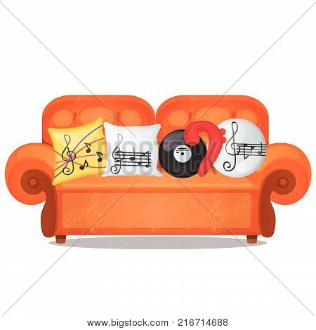 Sofa with pillows on musical theme isolated on white background. Sketch of poster, party invitation, other card. Stylized upholstered furniture for the interior. Vector cartoon close-up illustration.