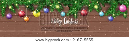 Winter Holidays Decorations With Fir Branches On Wodden Textured Background Christmas And New Year Decor Design Vector Illustration