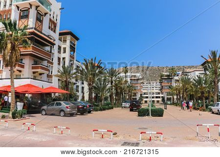 Street In A Summer Day In Agadir City. North Africa