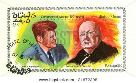 OMAN noin 1974: Leima, painettu Oman Centenary ja Winston Churchillin kanssa John F. Kennedy, c