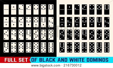 Black and white domino full set. Dominoes vector illustration in flat design style.