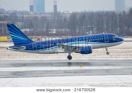 Airbus A319 Azerbaijan Airlines, Airport Pulkovo, Russia Saint-petersburg 06 March, 2016.
