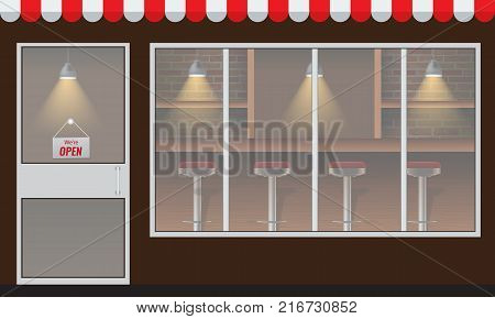 Cafe or restaurant facede with transparent window. Illustrated vector.
