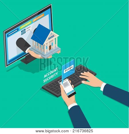 Online banking service account security concept. Mans hands typing password on PC from message on phone isometric vector. Passing two step verification during login in bank client page 3d illustration