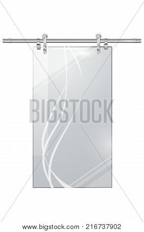 Moving transparent glass door without doorhandle on white background. Automatic entry object with thin wavy lines hanged up to long metal thing. Entrance for city malls, big shops vector