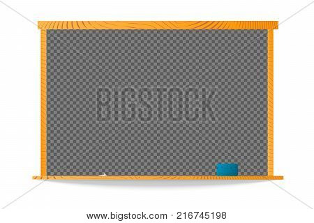 Empty school chalkboard in wooden frame with chalk and sponge on shelf isolated on white