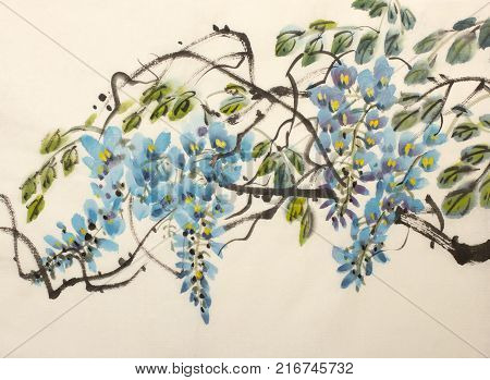 Tender flowering wisteria painted in Chinese style