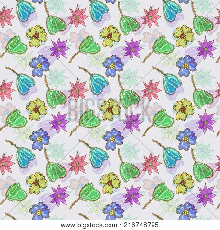 Seamless raster floral pattern in cartoon style. Foliage
