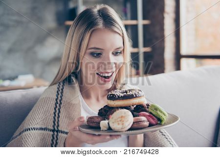Diet Is Finished! Wow! Yum-yum! Beautiful Excited Happy Glad Joyful Woman Is Going To Eat Sweets, Do