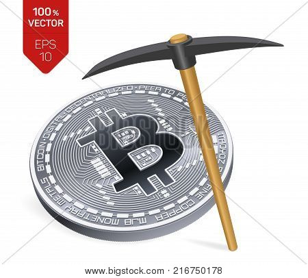 Bitcoin mining concept. 3D isometric Physical bit coin with pickaxe. Digital currency. Cryptocurrency. Silver coin with bitcoin symbol isolated on white background. Vector illustration