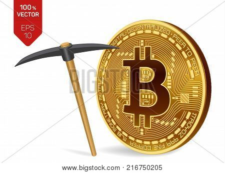 Bitcoin mining concept. 3D isometric Physical bit coin with pickaxe. Digital currency. Cryptocurrency. Golden coin with bitcoin symbol isolated on white background. Vector illustration