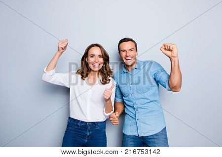He Vs She Happy Together. Close Up Portrait Of Attractive, Caucasian, Lovely, Cute, Adult Couple In