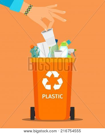 Woman hand throws garbage into a plastic container, vector illustration