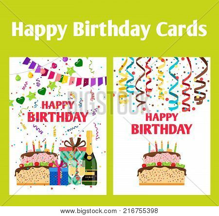 Set of two birthday greeting cards with champagne, ribbons, gifts and a cake, vector illustration