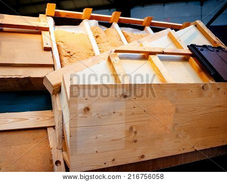 Sliced details of the repairing and construction of the isolation of a modern roof with insulation and ventilations modern components