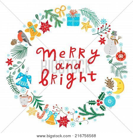 Chriatmas wreath. Round frame for winter holidays design. Vector background isolated on white