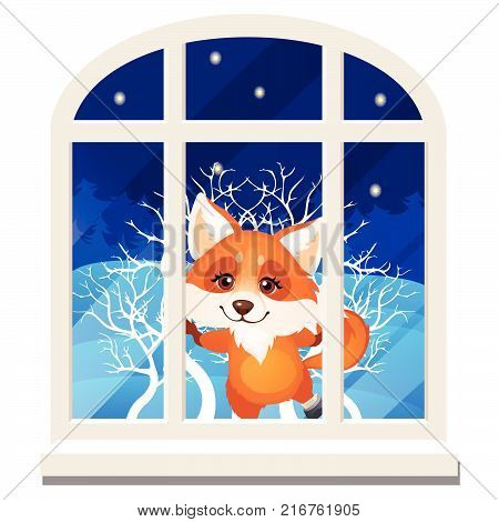 Cute cheerful smiling fox looks out through the window isolated on a white background. Sketch of Christmas festive poster, party invitation, other holiday card. Vector cartoon close-up illustration.