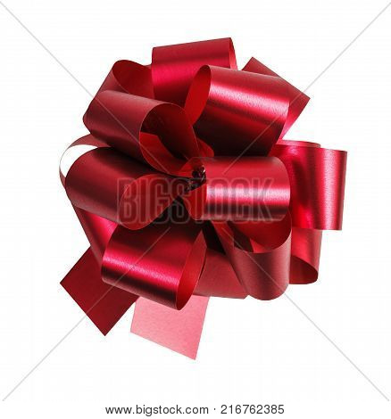 Red bow from top view isolated on white background. Bow from red ribbon.