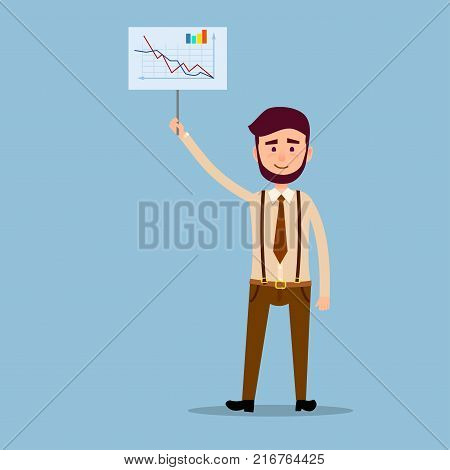 Presentation results of successful work concept. Businessman standing with placard with graphs, curves and diagram raised above his head flat vector. Financial forecast or business plan illustration