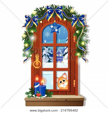 Cozy interior home window. Evening view from window of outdoor winter snow isolated on white background. Sample of Christmas poster, party invitation. Burning candle, garland. Vector cartoon close-up.