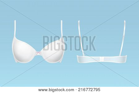 White bra, female lingerie, realistic vector illustration isolated on blue background, front back view. Element of womens underwear, modern female bra with adjustable straps