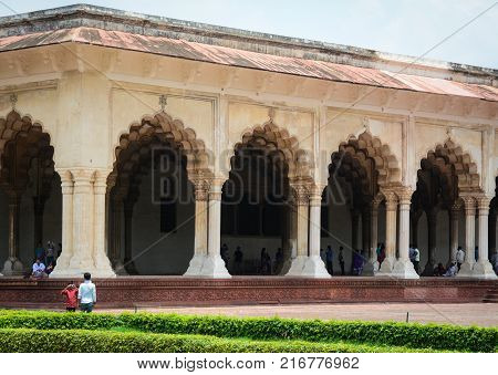 Agra India - Jul 13 2015. People visit Diwan-i-Aam Palace of Agra Fort in Agra India. The fort was main residence of the emperors of the Mughal Dynasty till 1638.