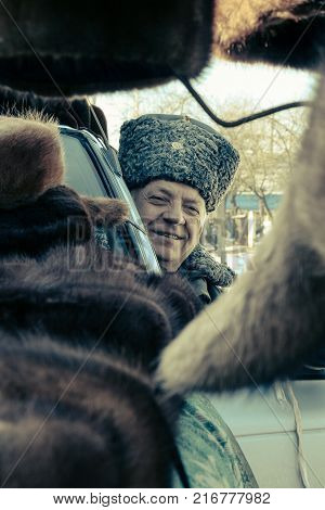 Zabolottia Ukraine - 20 January 2009: Man In Papakha At Local Market In Winter