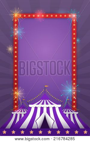 Vector Template For Holiday With A Tent And Fireworks. Carnival And Fun.