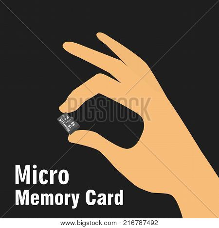 Hand holding micro sd card. Vector Illustration