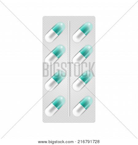 Capsule-shaped pills in blister pack isolated on the white background. Medicine and drugs.